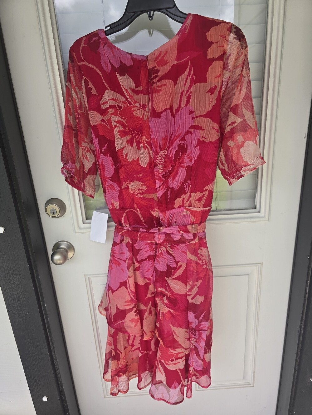 Tahari ASL Floral Wrap Dress Size 14 Pink Red Chiffon Belted Ruffle Wedding Gues - Picture 8 of 10